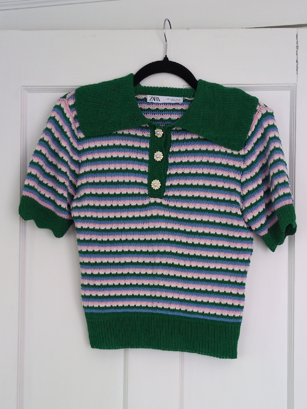 Zara Green Striped Knit Polo with Pastel Stripes